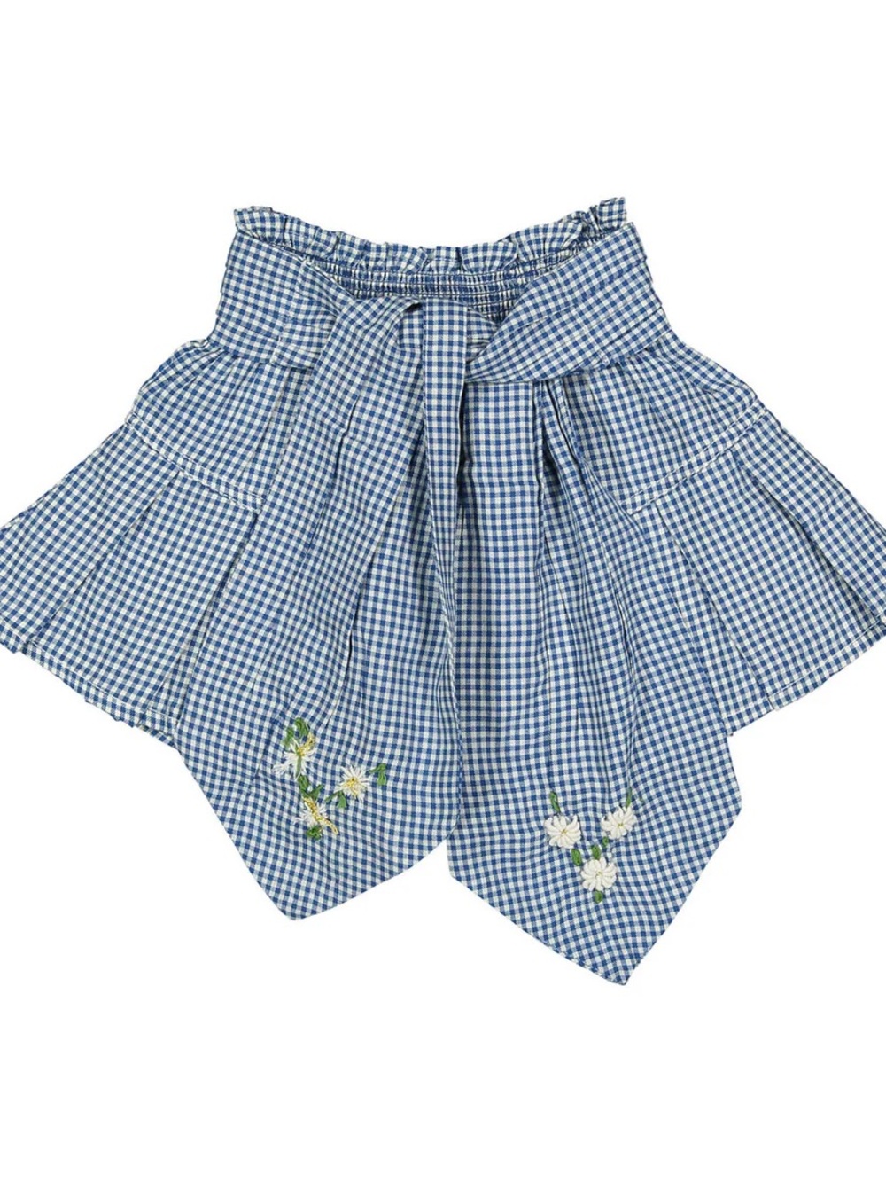 Blue Gingham Tie-Front Skirt with Daisy Embroidery